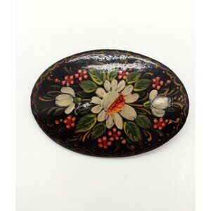 Handpainted Wooden Folk Art Floral Brooch Pin Vintage Black Ethnic Oval